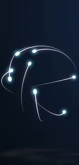 Abstract neon line art on dark blue background.