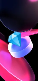 Vibrant abstract wallpaper with neon shapes and a blue diamond.