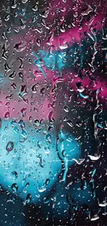 Abstract neon wallpaper with raindrop effect on glass.