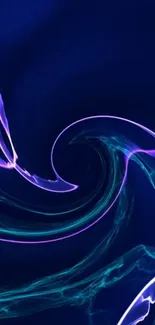 Abstract neon swirl wallpaper with vibrant blue and purple hues.