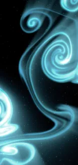 Cyan neon swirls on a starry black background, creating an abstract wallpaper.