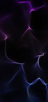 Abstract neon wave wallpaper in purple and blue on a black background.