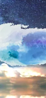 Abstract night sky wallpaper with watercolor clouds.