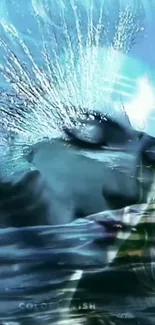 Abstract ocean fusion art with human face and water elements.