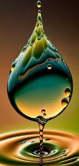 Abstract green and amber oil droplet art for mobile wallpaper.