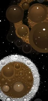 Abstract wallpaper with bronze and white bubbles on a black background.