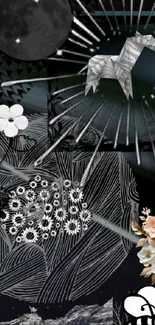 Abstract origami and floral design wallpaper with lunar elements.