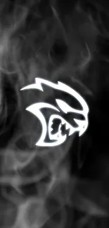 Abstract white panther logo with smoke on dark backdrop.