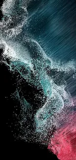 Abstract mobile wallpaper with swirling red, teal, and black particles.