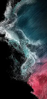 Dynamic abstract wallpaper with pink, teal particles on black background.