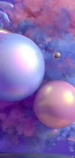 Abstract pastel wallpaper with spheres and colorful clouds.