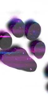 Abstract black paw prints with cosmic purple specks on a white background.