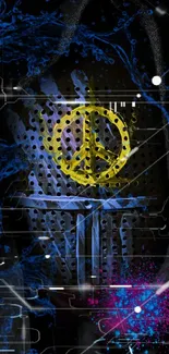 Vibrant abstract wallpaper with yellow peace symbol and colorful graffiti pattern.