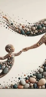 Abstract art of figures made from colorful pebbles on a beige background.