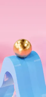 Golden sphere on blue abstract wave with pink background.