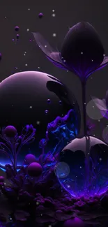 Abstract purple art wallpaper with glowing spheres and flowers.