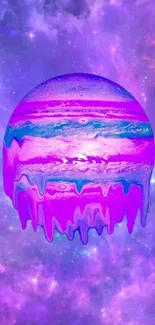 Abstract wallpaper with a purple, dripping planet in space.