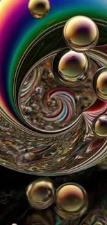 Abstract rainbow swirl with gold bubbles.