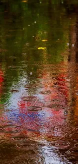 Abstract rainy reflection with vibrant colors and ripples in water.