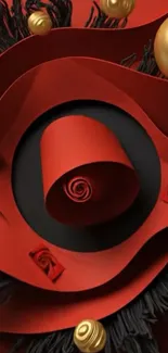 Abstract wallpaper with red and gold circular designs.
