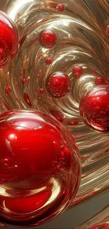 Red and gold spheres with swirls, abstract art.