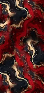 Abstract red and gold wavy mobile wallpaper design.