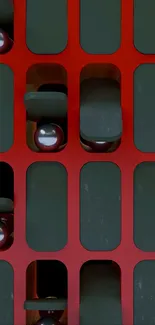 Abstract red and gray geometric design with metallic spheres.