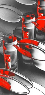 Abstract artwork with red and silver circular design.