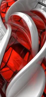 Abstract red and white flowing wave pattern wallpaper.