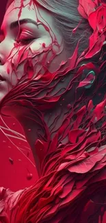 Abstract portrait with red textures and vibrant design on a mobile phone wallpaper.