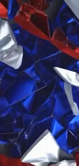 Vibrant abstract red, blue, and silver crumpled texture design.