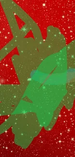 Abstract red galaxy wallpaper with green shape.