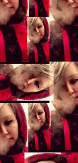 Collage of a person in a red hoodie with a smoky effect.