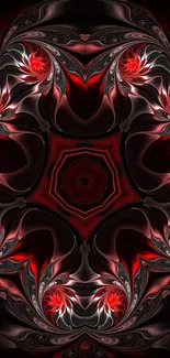 Abstract red kaleidoscope wallpaper with intricate patterns.