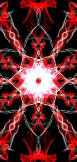 Abstract red kaleidoscope art wallpaper with symmetrical patterns.