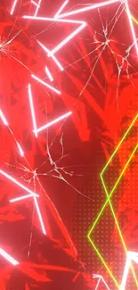 Abstract red neon wallpaper with shattered glass and vivid lines.