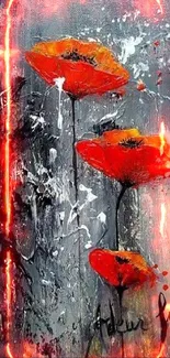 Abstract art wallpaper of red poppies with a textured grey background.