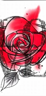 Abstract red rose with digital text overlay on a white background.