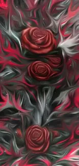 Abstract red roses with floral patterns on a dark background.