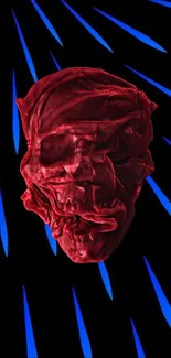 Abstract red skull art with blue lines on black background.