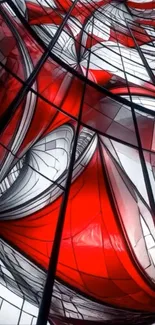 Abstract red and white stained glass design.