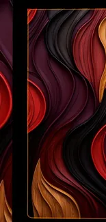 Abstract waves of red, black, and gold on wallpaper.