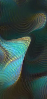 Abstract ripple art wallpaper with vibrant blue and gold wavy patterns.