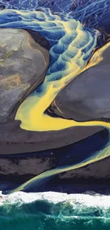 Aerial view of a colorful winding river in abstract design.