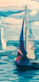 Abstract sailboat on a blue ocean with geometric design.