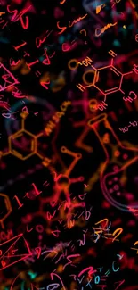 Colorful abstract science wallpaper with equations and molecules.