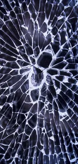 Shattered glass wallpaper with dark blue tones and intricate crack design.