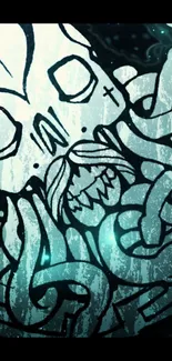 Abstract skull art wallpaper with teal tones and intricate designs.