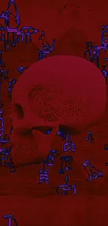 Abstract red skull art with intricate designs.