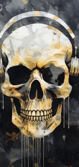 Abstract skull with headphones on dark background wallpaper.